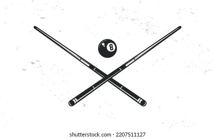 Billiard cue and ball silhouettes isolated on white background. Crossed billiard cues. Vintage design elements for logo, badges, banners, labels. Vector illustration