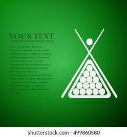 Billiard cue and balls flat icon on green background. Vector Illustration