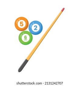 Billiard Cue and Balls Flat Illustration. Clean Icon Design Element on Isolated White Background