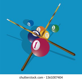 Billiard cue and balls on blue table. Emblem, logo