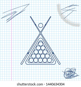 Billiard cue and balls in a rack triangle line sketch icon isolated on white background. Vector Illustration