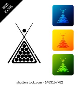 Billiard cue and balls in a rack triangle icon isolated on white background. Set icons colorful square buttons. Vector Illustration