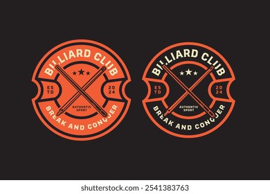 billiard cue crossed, pool cue crossed retro badge logo design for billiard sport club. snooker cue crossed, billiard stick crossed vintage emblem logo collection for billiard snooker pool tournament 