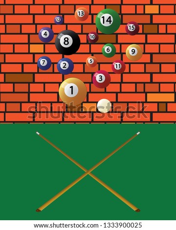 Billiard cue and pool balls. Biliard balls, triangle and pool stick for game on green table top view 