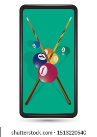 Billiard Cue And Pool Balls On Green Table While Game. Wallpaper For Mobile 