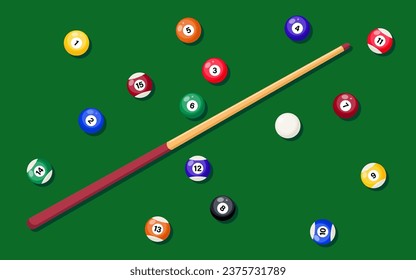 Billiard cue and pool balls on green table. Billiard balls and pool stick for game on green table, top view. Vector illustration