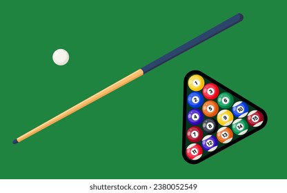 Billiard cue and pool balls in triangle on green table. Billiard balls, triangle and pool stick for game on green table top view. Vector illustration