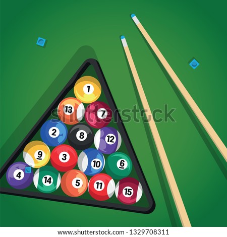 Billiard cue and pool balls in triangle on green table while game. Biliard balls, triangle and pool stick for game on green table top view