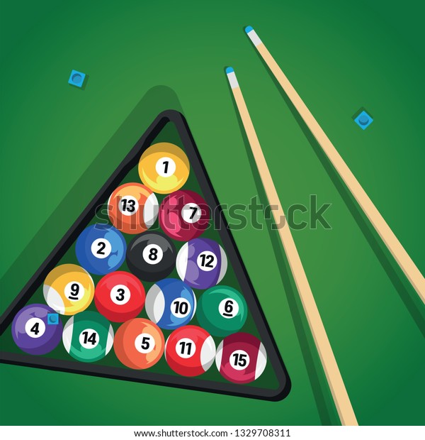 Billiard cue and pool balls in triangle on green\
table while game. Biliard balls, triangle and pool stick for game\
on green table top\
view