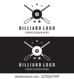 Plantilla de logotipo creativo de Billiard y cue stick. Logo del juego de billar, club, campeonato y campeonato.