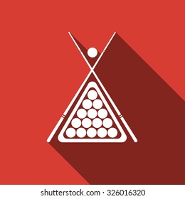 Billiard cues and balls flat icon with long shadow. Vector Illustration