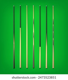 Billiard cues on green background. Snooker sports equipment. Vintage pool cue. Vector