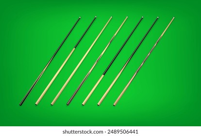 Billiard cues on green background. Snooker sports equipment. Vintage pool cue. Vector