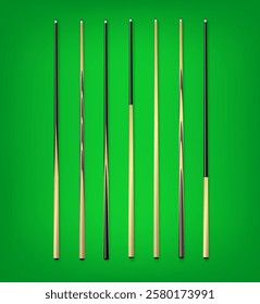 Billiard cues on green background. Snooker sports equipment. Vintage pool cue. Vector