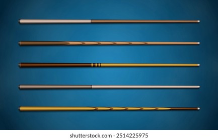 Billiard cues sticks on blue background. Vector illustration.