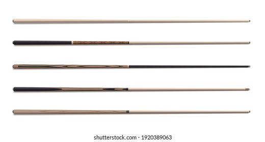 Billiard cues sticks realistic collection. Snooker, american pool wooden accessories. Table game sporting equipment to strike balls set. Vector billiard cues isolated on white background.