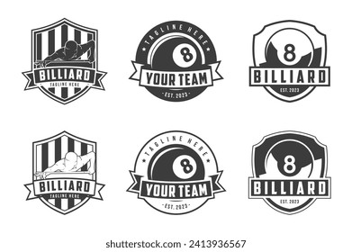 Billiard Design Logo Vector Set, Billiard Club Label Badge Sign Set Vector Concept, Monochrome logo set for billiard club