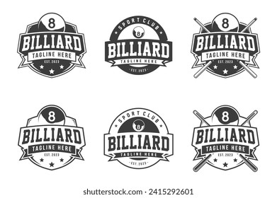 Billiard Design Logo Vector Set, Billiard Club Label Badge Sign Set Vector Concept, Monochrome logo set for billiard club