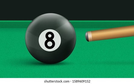 Billiard eight ball and cue on green cloth table. Vector realistic illustration of pool game with black snooker ball with number 8. Template for banner or poster of sport tournament