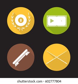 Billiard equipment flat design long shadow icons set. Billiard brush, table with balls rack, crossed cues and eight ball in laurel wreath. Vector silhouette illustration