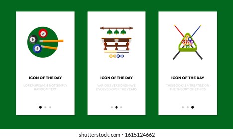 Billiard equipment flat vector icon set. Billiard cues, balls and table isolated outline sign pack. Billiard game concept. Vector illustration symbol elements for web design and apps.