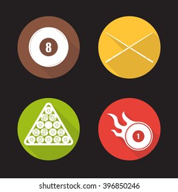 Billiard flat design long shadow icons set. Eight ball, crossed cues, billiard rack and burning ball. Pool equipment. Cuesports accessories. Vector symbols