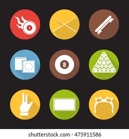 Billiard flat design long shadow icons set. Pool game equipment. Burning ball, crossed cues, brush, chalk, eight ball, ball rack, glove, table and rest head. Vector silhouette symbols