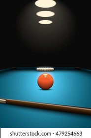 Billiard game background. Balls and que on the billiard table. Perspective view. Snooker poster design. Eps10 vector.