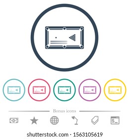 Billiard game with balls and cues flat color icons in round outlines. 6 bonus icons included.
