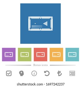 Billiard game with balls and cues flat white icons in square backgrounds. 6 bonus icons included.