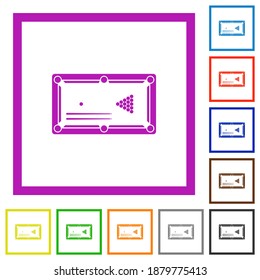 Billiard game with balls and cues flat color icons in square frames on white background