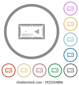 Billiard game with balls and cues flat color icons in round outlines on white background