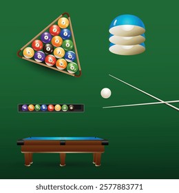 Billiard game, a blue table and a ball, and cue, white ball, American billiards,  snooker table light, green background, Vector illustration