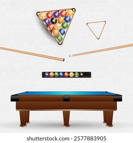 Billiard game, a blue table and a ball, and cue, white ball, American billiards,  snooker table light, white background, Vector illustration