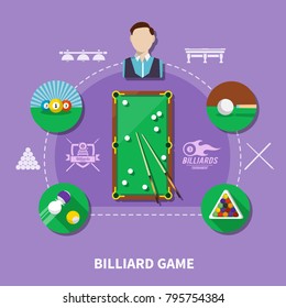 Billiard game composition on lilac background with player, balls and cue, table, game emblems vector illustration
