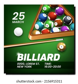 Billiard Game Creative Promotion Banner Vector. Billiard Balls In Triangle And Wooden Stick On Playing Table Surface, Tools For Play Sport Game Advertise Poster. Style Concept Template Illustration