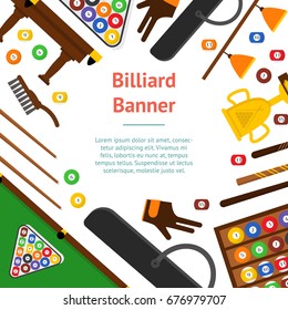 Billiard Game Elements and Equipment Banner Card for Web or App Flat Design Style. Vector illustration