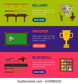 Billiard Game Elements and Equipment Banner Horizontal Set for Web or App Flat Design Style. Vector illustration