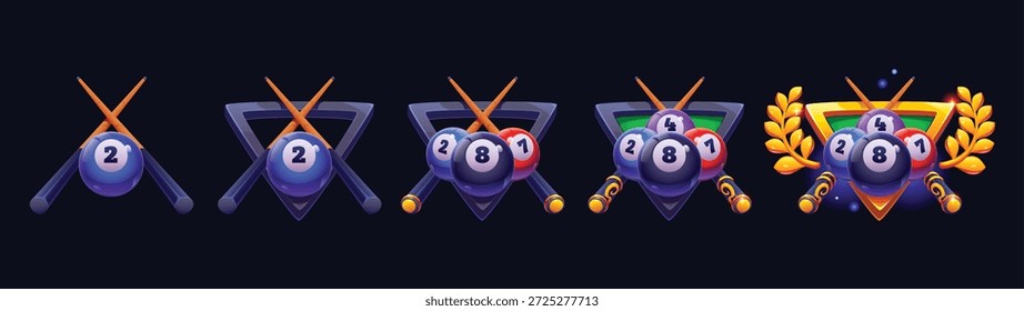 Insignia de rango de juego de billar. Premio y medalla deportiva de Vector con pistas de snooker cruzadas de dibujos animados, bolas numeradas y marco triangular. Nivel de juego que progresa de oro trofeo rango insignia con corona de laurel