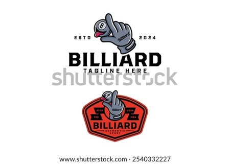 billiard glove, mitt holding black ball logo design. 8 ball billiard with tongue out is held mitten, gantlet badge logo design set. white cue ball illustration logo for billiard sport club, tournament