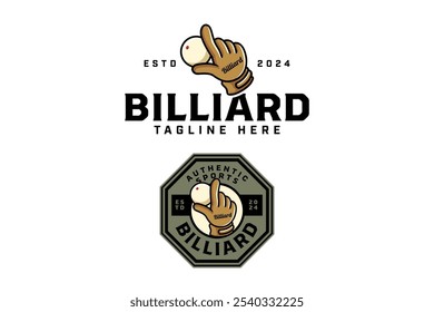 luva de bilhar, mitt segurando branco cue ball logotipo design. branco bilhar bola é realizada mitten, gantlet distintivo logotipo design set. branco cue ball ilustração logotipo para bilhar clube de esporte, torneio