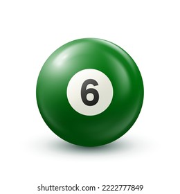Billiard, green pool ball with number 6 Snooker or lottery ball on white background Vector illustration