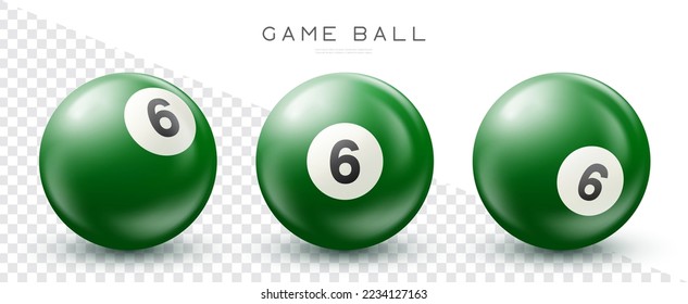 Billiard, green pool ball with number 6 Snooker or lottery ball on transparent background Vector illustration