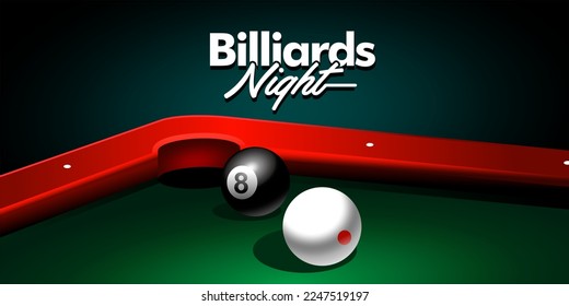 billiard green table illustration vector. realistic 3d objects snooker balls background. billiards event tournament invitation design.