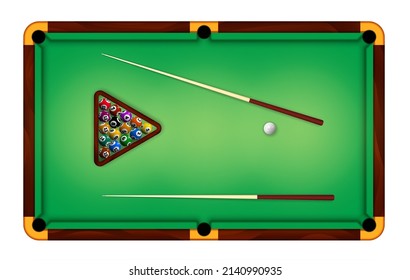 Billiard green table top view with balls and cue sticks. Realistic american pool game felt field for gamble sport tournament vector concept. Professional equipment for sport or hobby svg