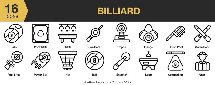 Billiard icon set. Includes game, net, shoot, table, snooker, triangle, trophy, and More. Outline icons vector collection.