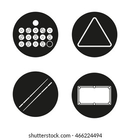 Billiard icons set. Balls, triangle, cues and table. Pool equipment. Snooker accessories. Vector white silhouettes illustrations in black circles