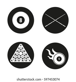 Billiard icons set. Pool equipment. Cuesports accessories. Eight ball, cues, ball rack and burning ball. Vector white silhouettes illustrations in black circles