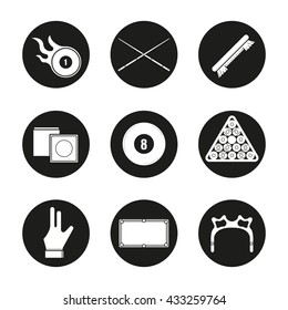 Billiard icons set. Pool game equipment. Burning ball, crossed cues, brush, chalk, eight ball, ball rack, glove, table and rest head. Vector white illustrations in black circles