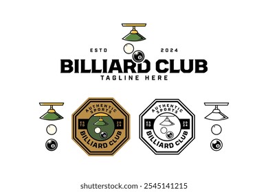 billiard lamp with billiard cue ball, black ball badge logo design set for billiard sport and competition. pool cue ball, black ball, billiard lights illustration modern logo collection for snooker 